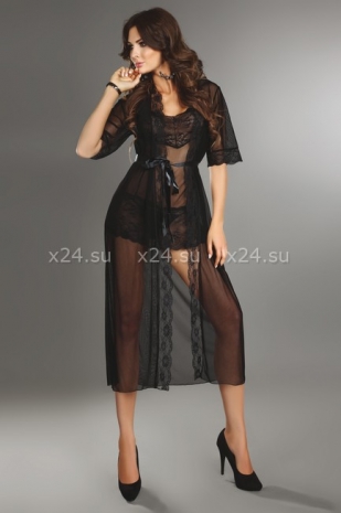Чёрный прозрачный халат с кружевными вставками Fuksja Dressing Gown S