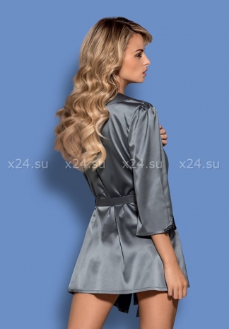 Серый атласный халатик с кружевом на рукавах Satinia Robe LXL