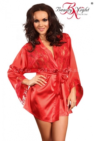 Красный халатик с кружевными вставками и стрингами Prilance Black XLXXL
