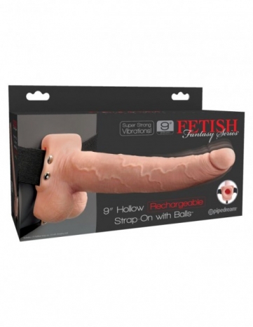Перезаряжаемый фаллопротез с вибрацией Hollow Rechargeable Strap-on with Balls 9'' (10 режмов)