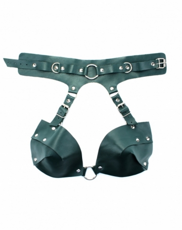 Кожаная сбруя из ошейника с лифом цвета изумруд BDSM Арсенал