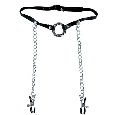 Кляп-расширитель для рта с зажимами на соски O-RING GAG WITH NIPPLE CLAMPS